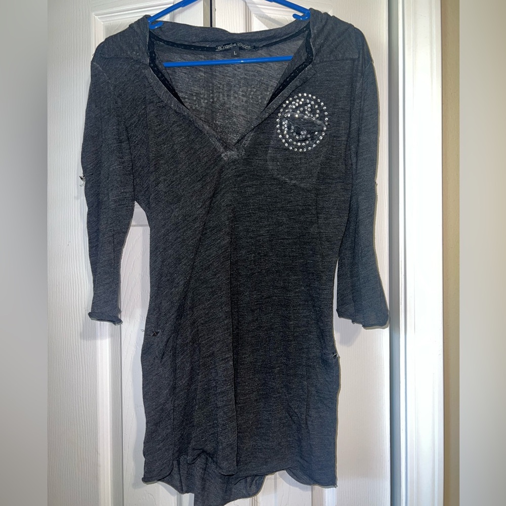 Crash & Burn Rhinestone Charcoal 3/4 Sleeve Top